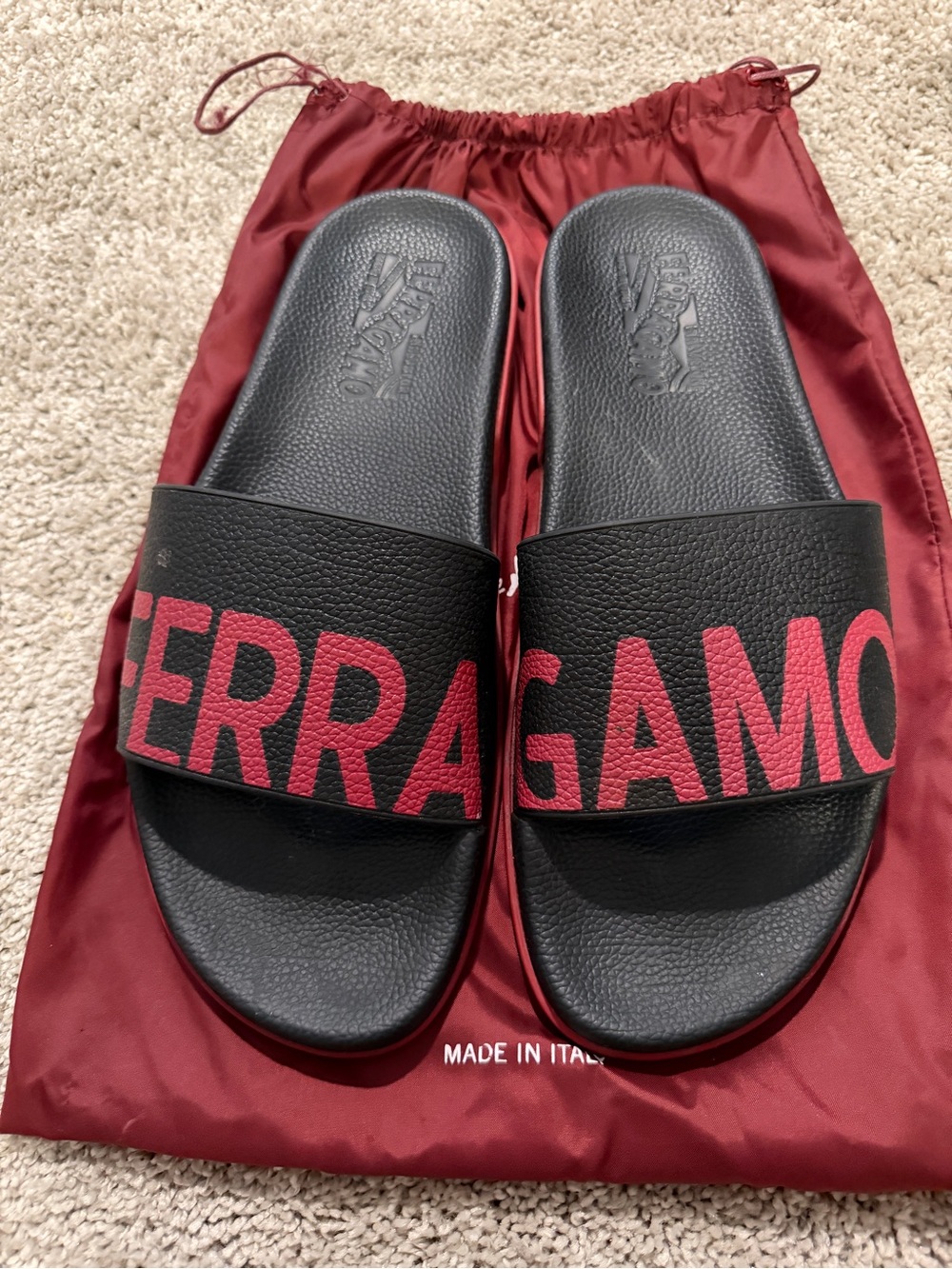 Salvatore Ferragamo Black Slide Sandals with Red Logo Band